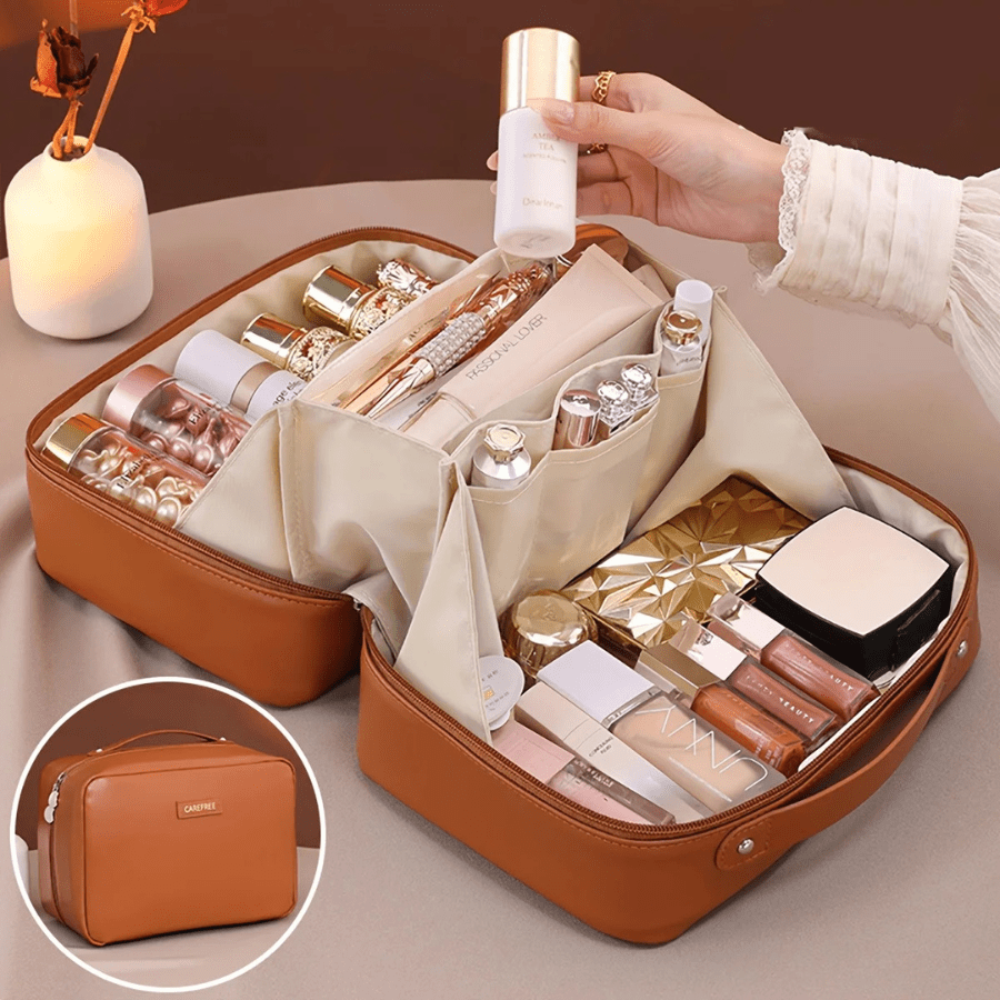 Trousse a mquilagge marron en cuir pu rangement multiple