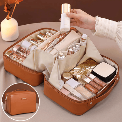 Trousse a mquilagge marron en cuir pu rangement multiple