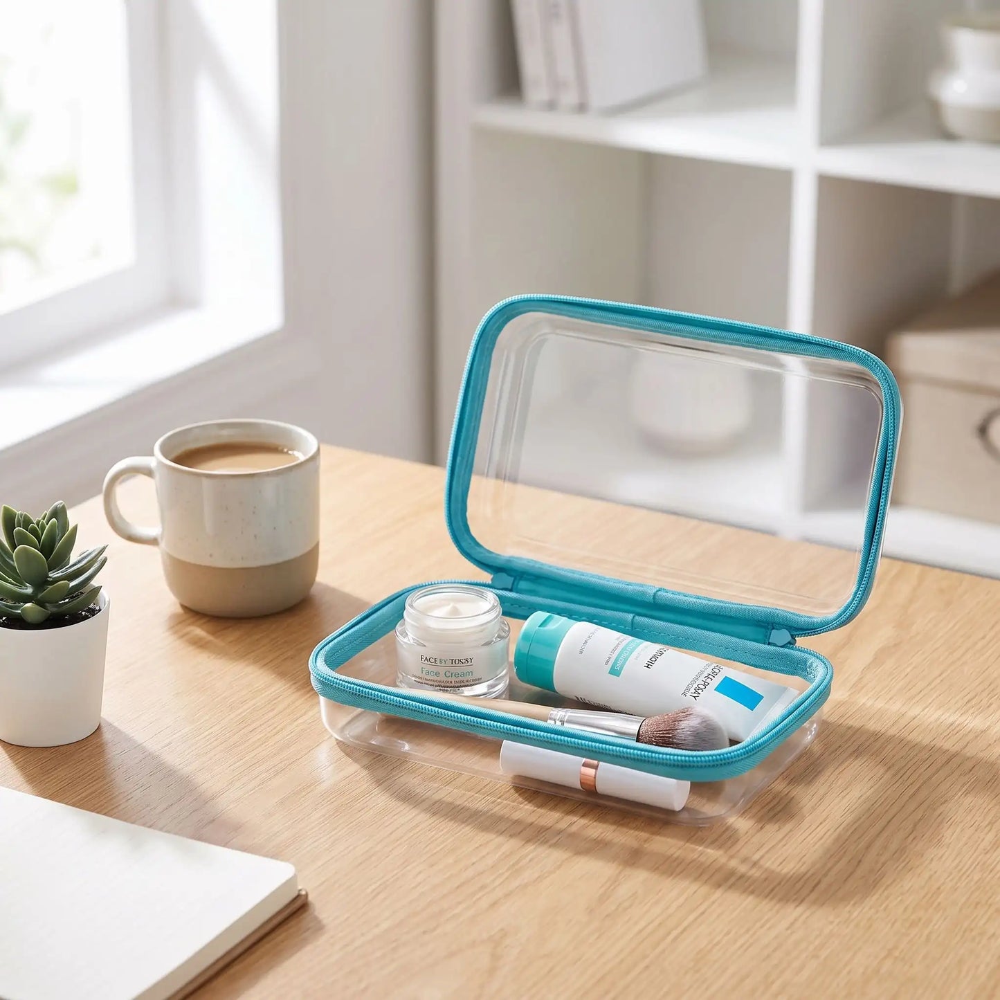 trousse à maquillage transprente bleu rigide