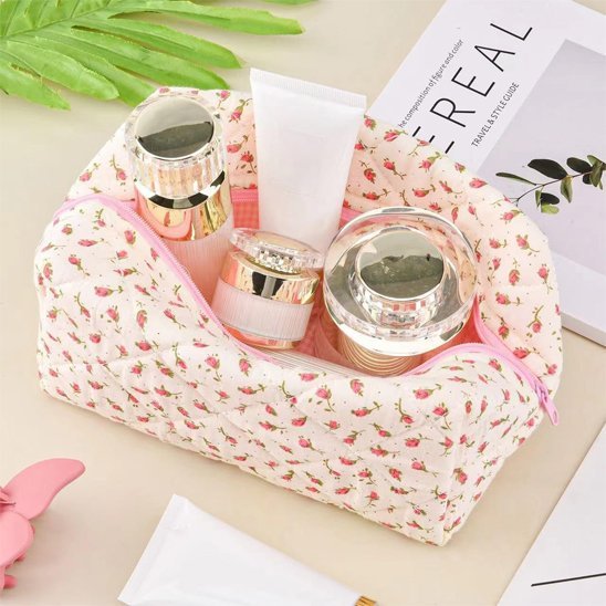 Trousse à maquillage style fleurie intérieur quadrillé rose