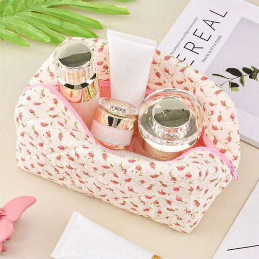 Trousse à maquillage style fleurie intérieur quadrillé rose