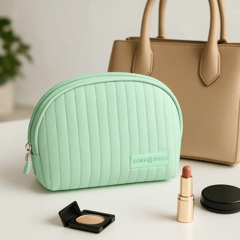 Trousse de maquillage vert motif rayure