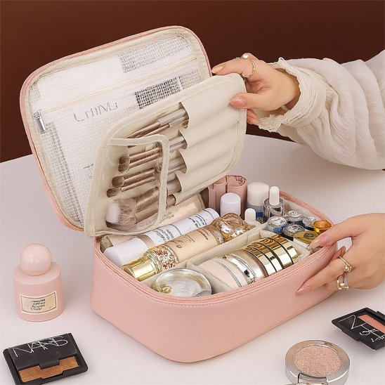 Trousse  de maquillage​ rose avec rangement pinceaux