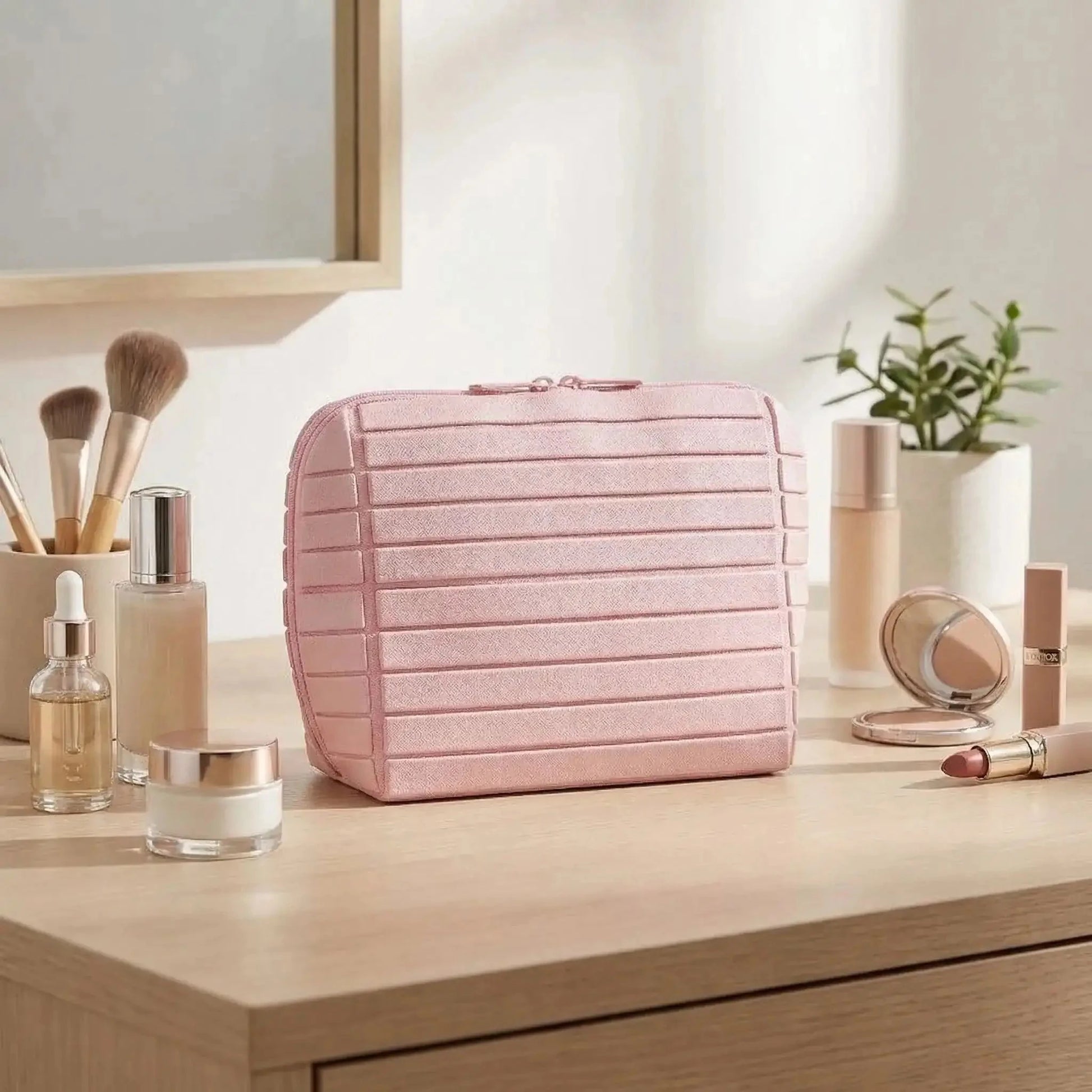 trousse de maquillage rose large capacité rayure