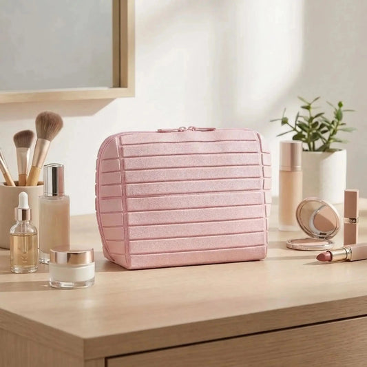 trousse de maquillage rose large capacité rayure