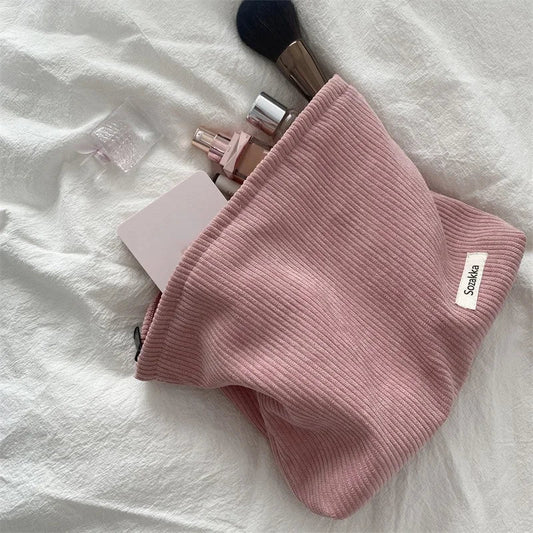 Trousse de maquillage rose douce Velours côtelé