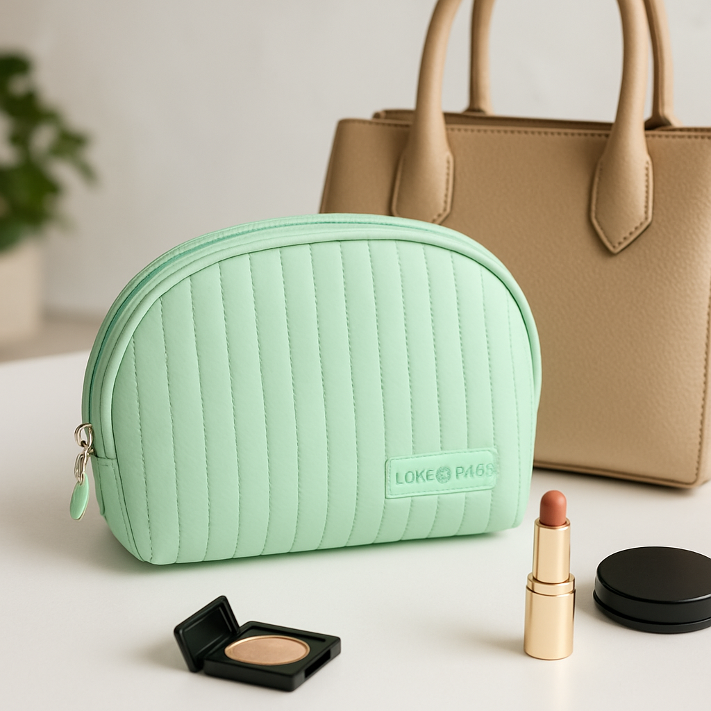 Trousse de maquillage vert motif rayure