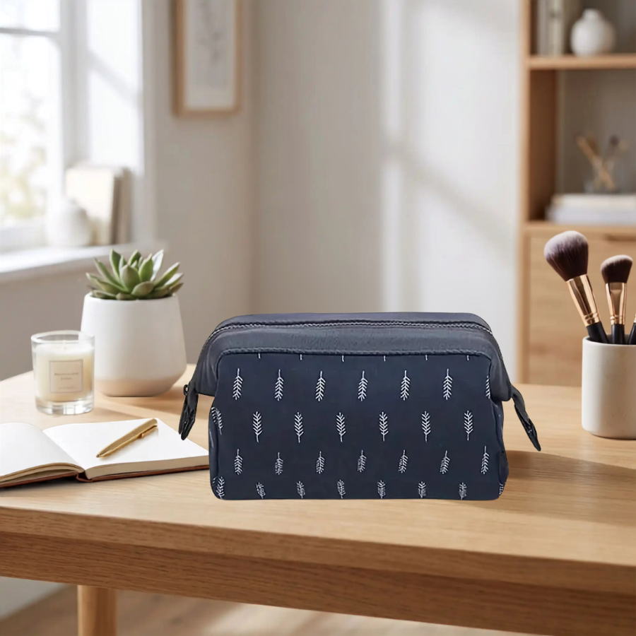 trousse de maquillage voyage noir motif petite feuille