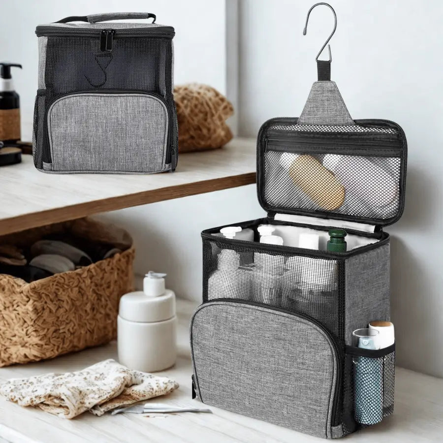 Trousse de toilette à suspendre gris avec crochet en maille transparent devant