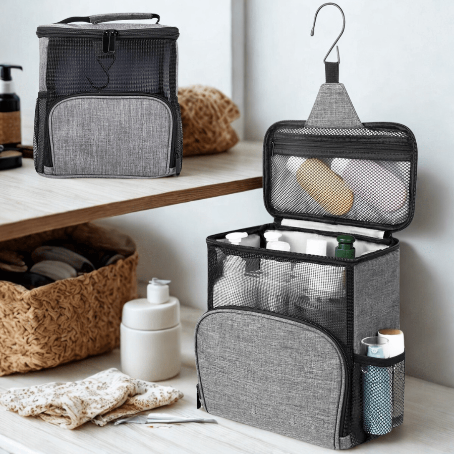 Trousse de toilette à suspendre gris avec crochet en maille transparent devant