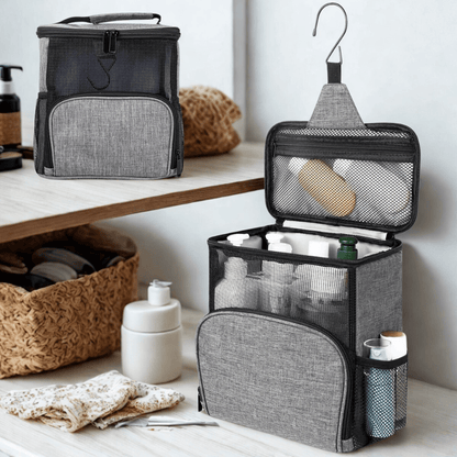 Trousse de toilette à suspendre gris avec crochet en maille transparent devant