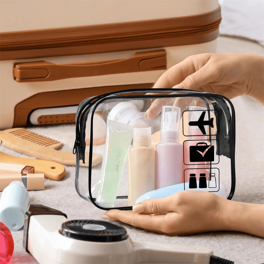 trousse de toilette avion cabine noir avec flacons