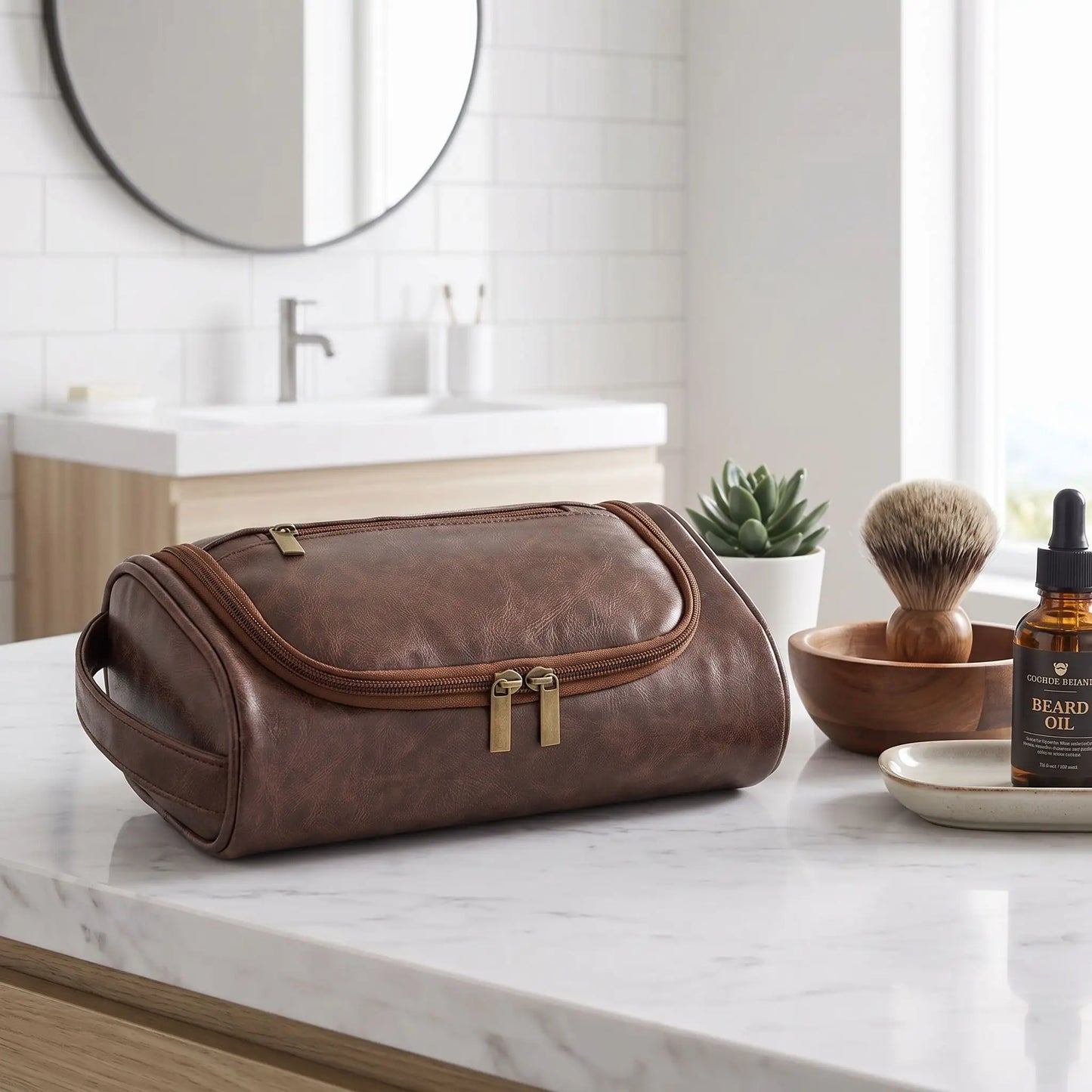 trousse de toilette cuir pu café