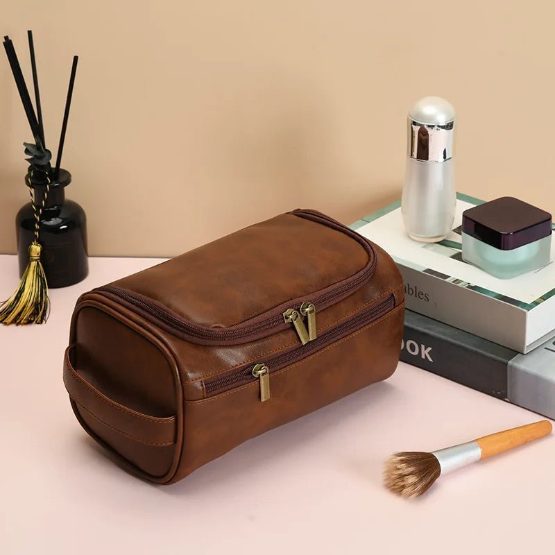 Trousse de Toilette marron fermeture Éclair dessus et devant