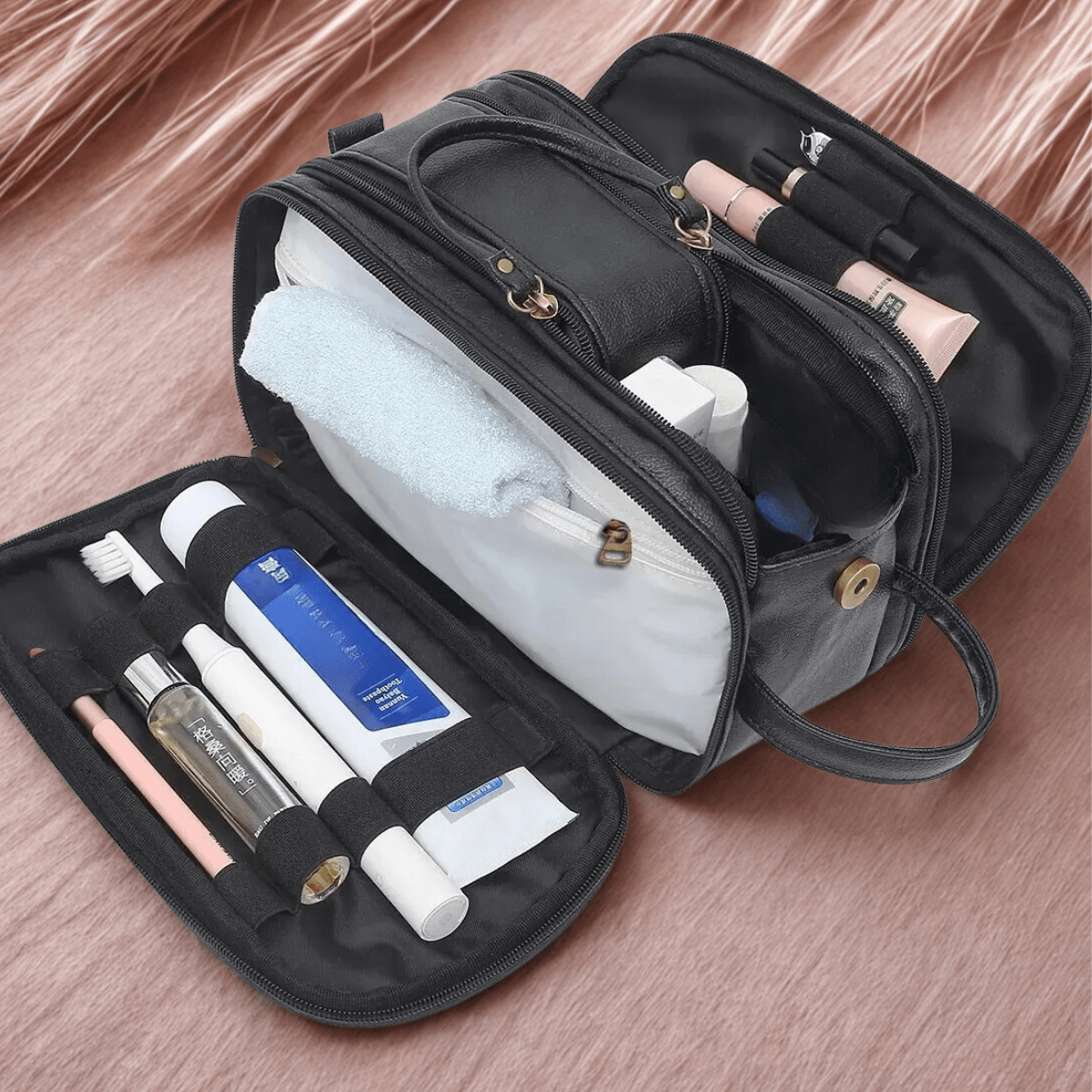 Trousse de toilette  Cuir PU noir avec compartiement- La trousse Beauté