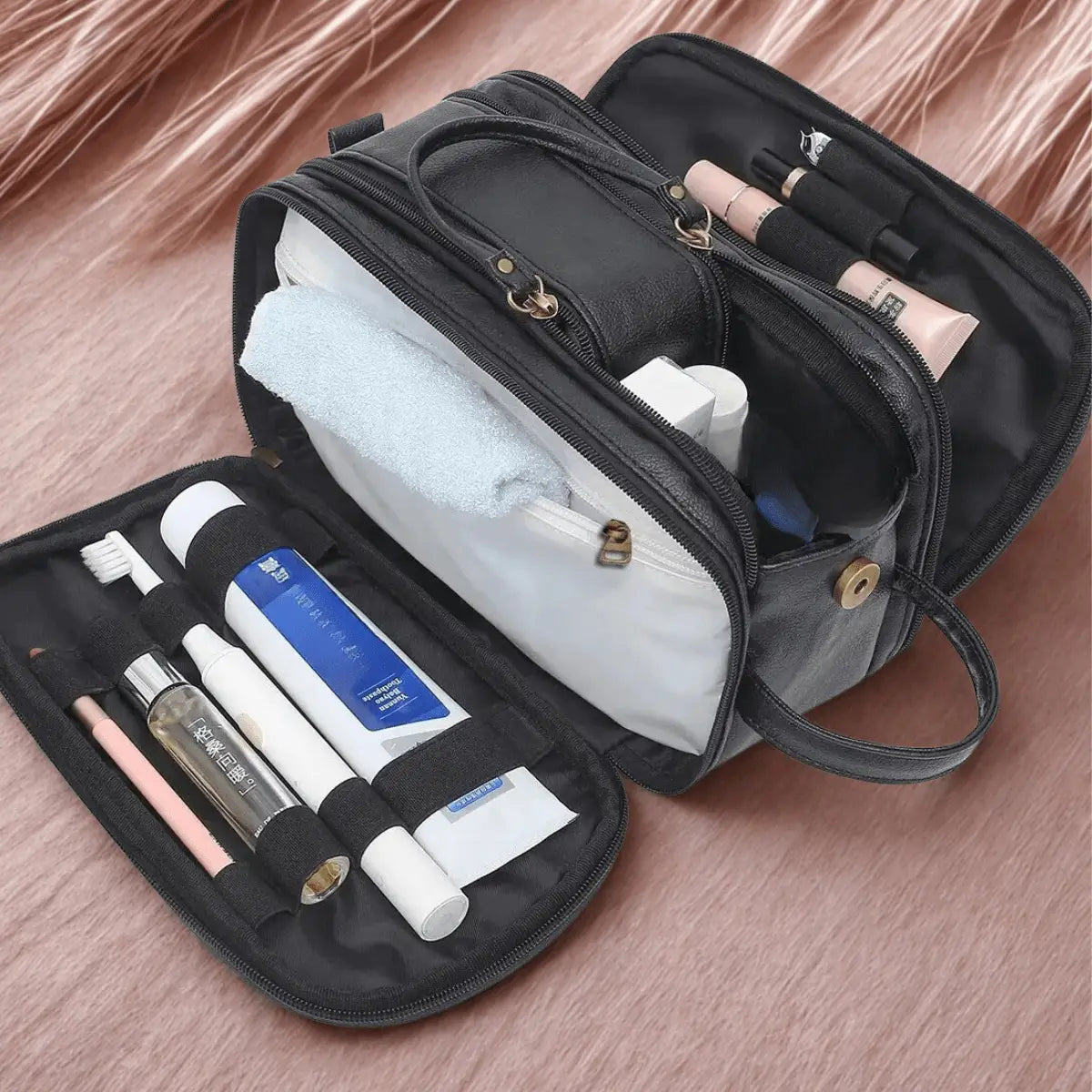 Trousse de toilette homme luxe Cuir PU noir avec compartiement- La trousse Beauté