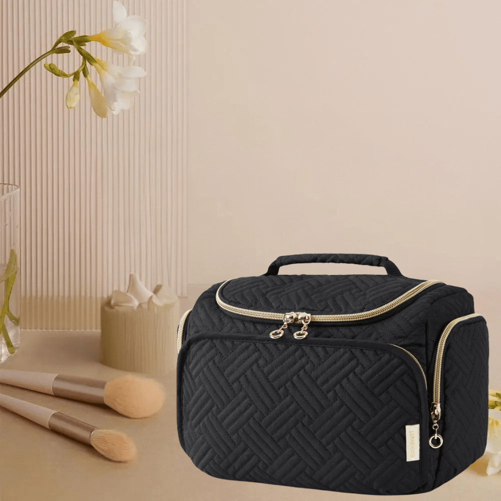 Trousse de toilette de luxe femme matelassée avec rangement latéral