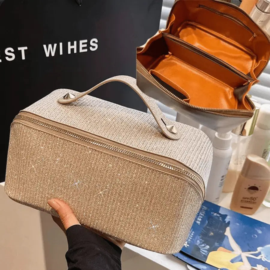 trousse de toilette de luxe femme or paillette chic