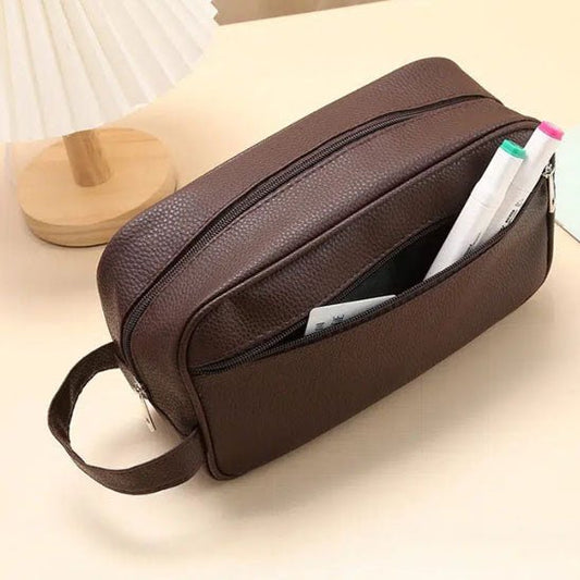 Trousse de toilette de voyage Cuir marron poche de côté - La trousse Beauté