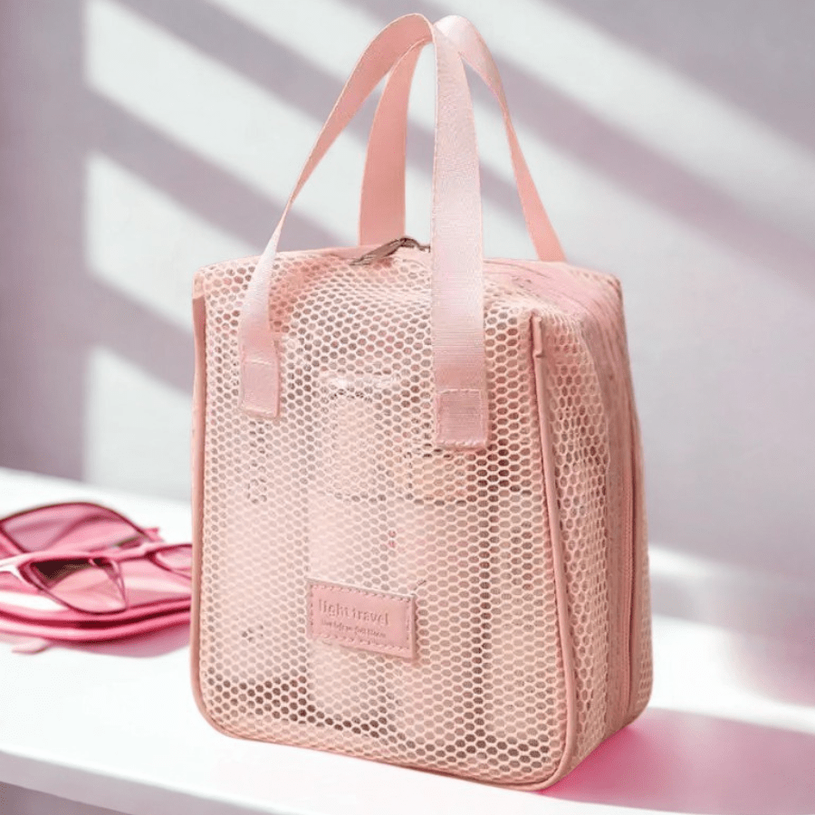 Trousse de toilette de voyage femme rose en maille