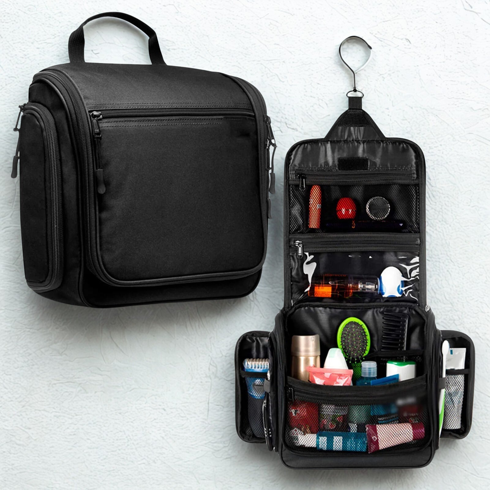 Trousse de toilette de voyage grande capacité noire pour voyage à suspendre