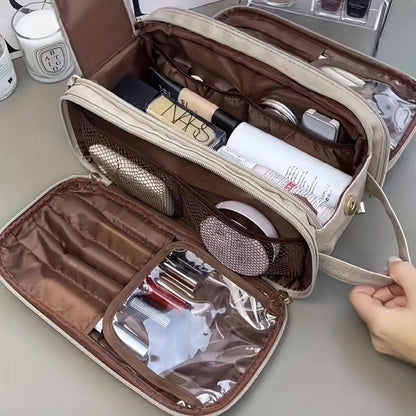 Trousse de toilette femme grande ouverture sur le dessus, deux pochettes sur côté
