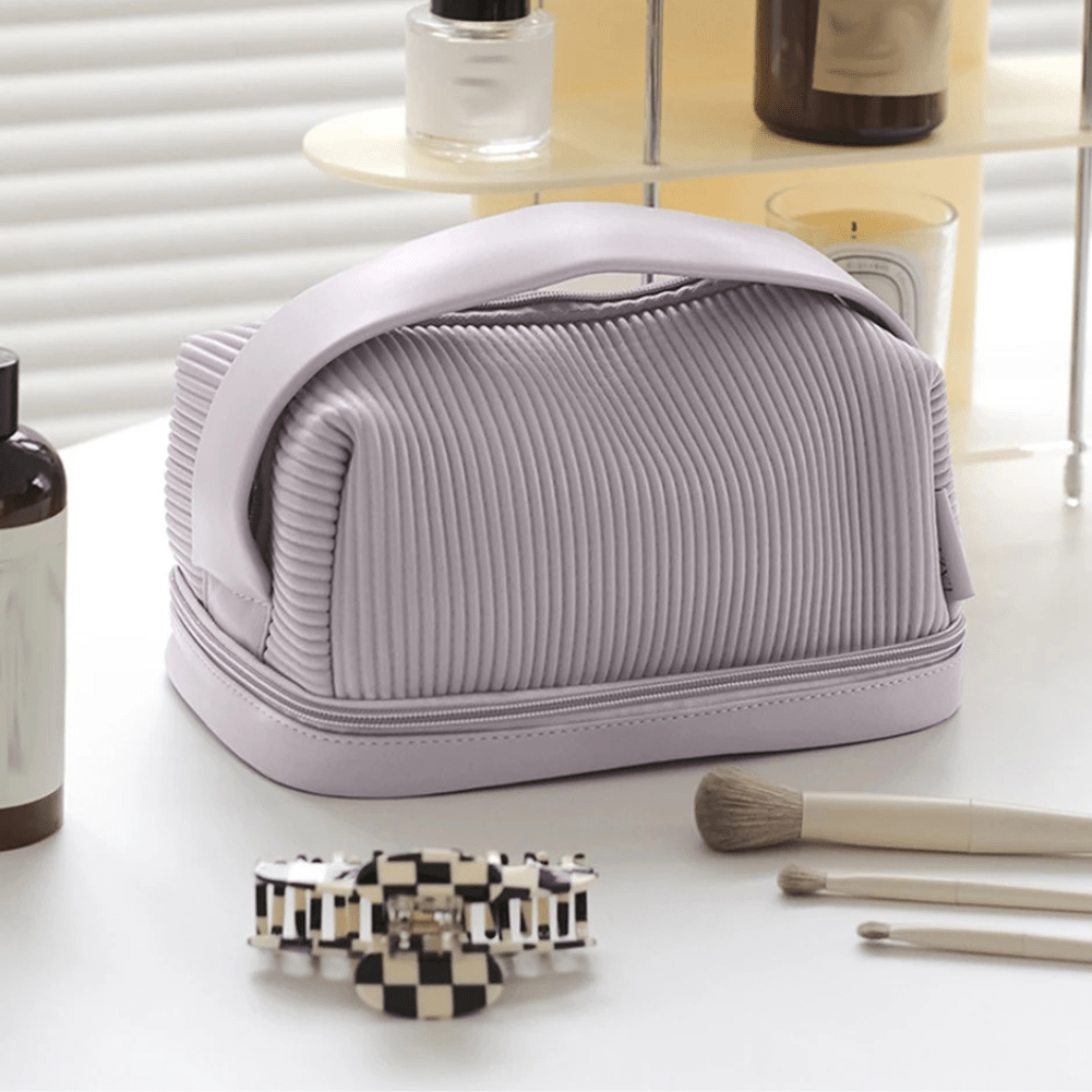 Trousse de toilette femme gris grande poignée dessus