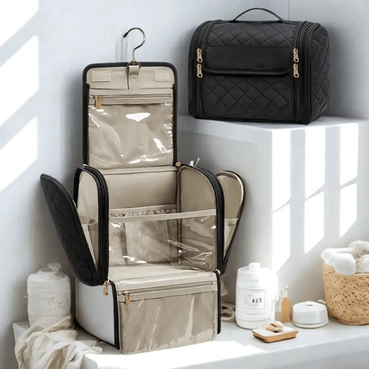 trousse de toilette femme luxe noir avec crochet à suspendre