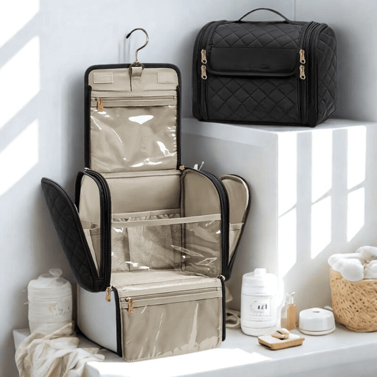 trousse de toilette femme luxe noir avec crochet à suspendre