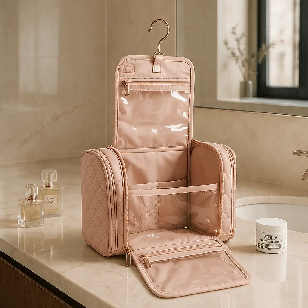 Trousse de toilette femme luxe rose avec crochet suspendre