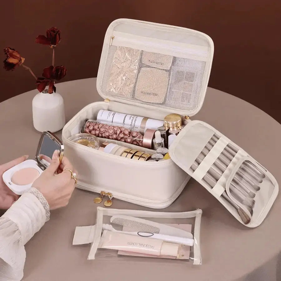 Trousse de toilette femme luxe beige pochette détachable