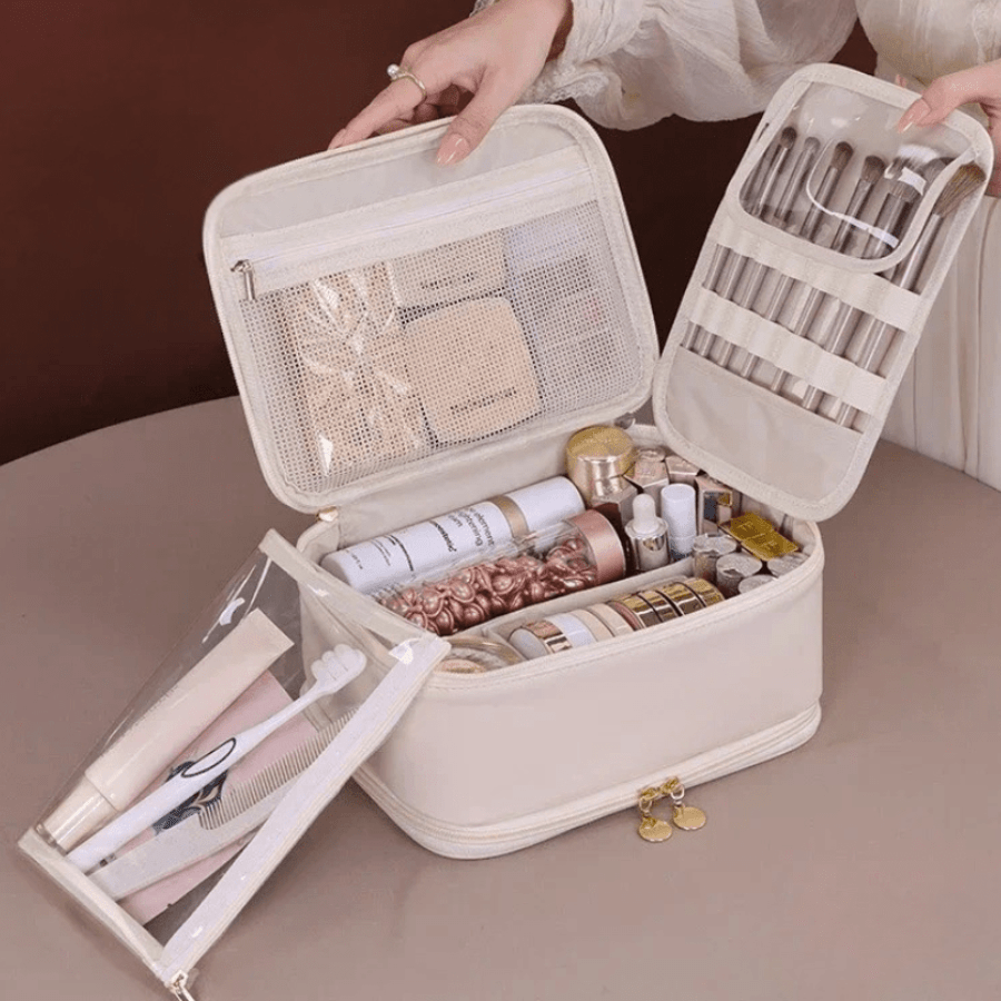 Trousse de toilette femme luxe beige élégante multiple compartiment
