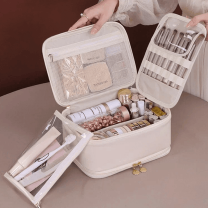Trousse de toilette femme luxe beige élégante multiple compartiment