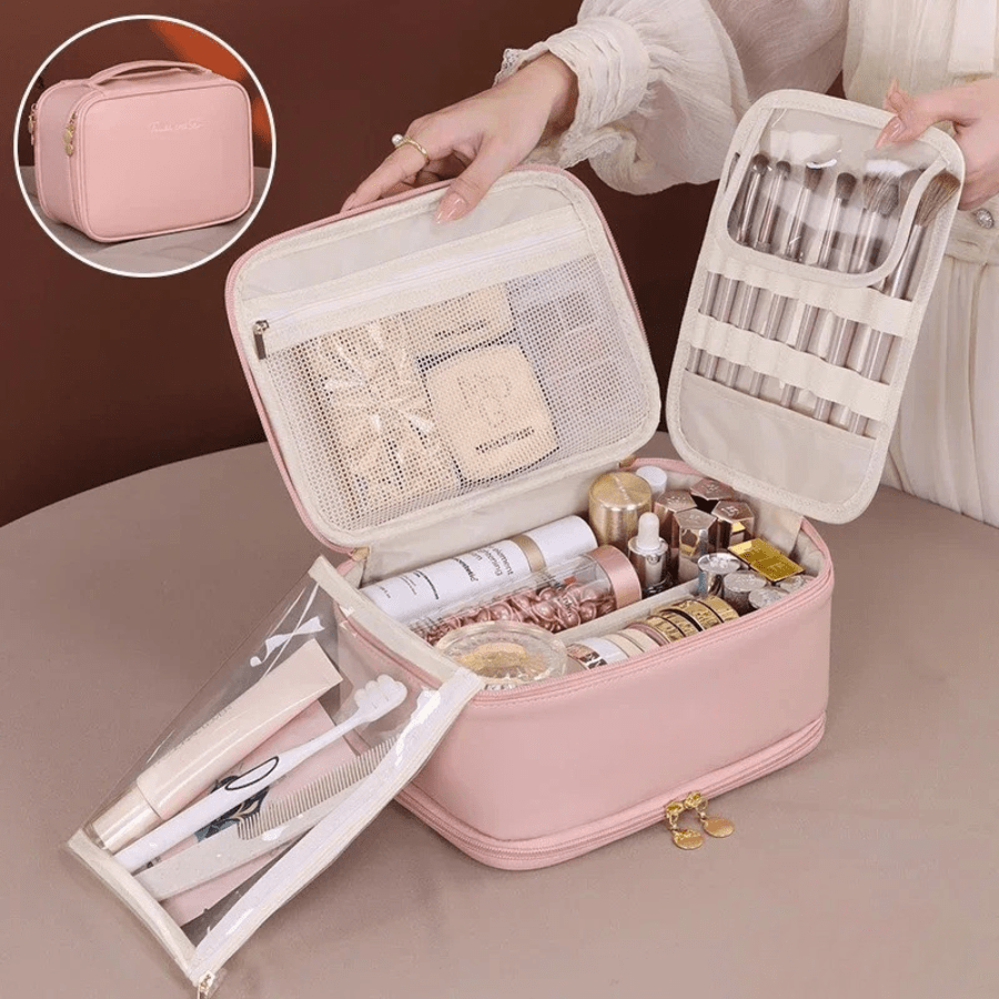 Trousse de toilette femme luxe rose en cuir pu rangement intérieur et pochette pour pinceaux