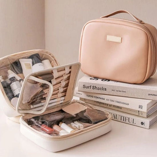 Trousse de toilette pour femme rose en similicuir carré