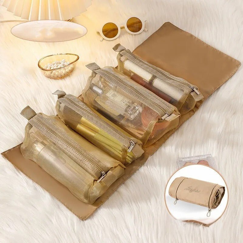 Trousse de toilette femme marron en filet transparent quatre pochettes