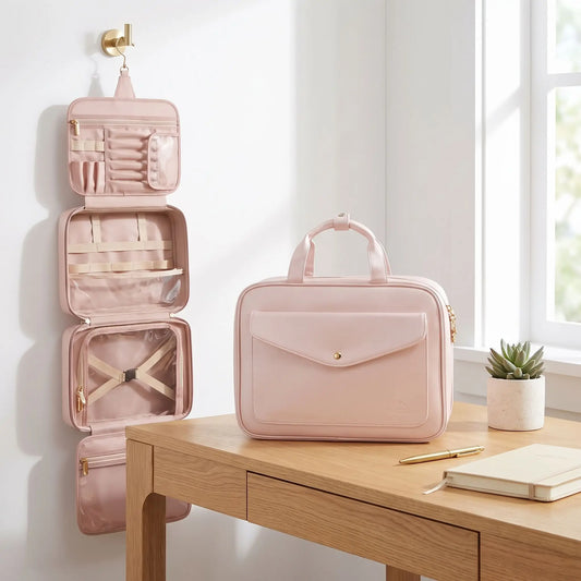 trousse de toilette femme rose avec crochet cuir pu