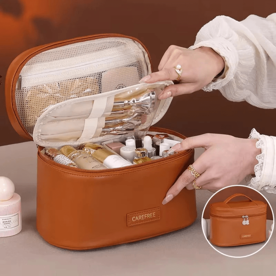Trousse de toilette femme marron avec pochette de rangement pinceaux maquillage