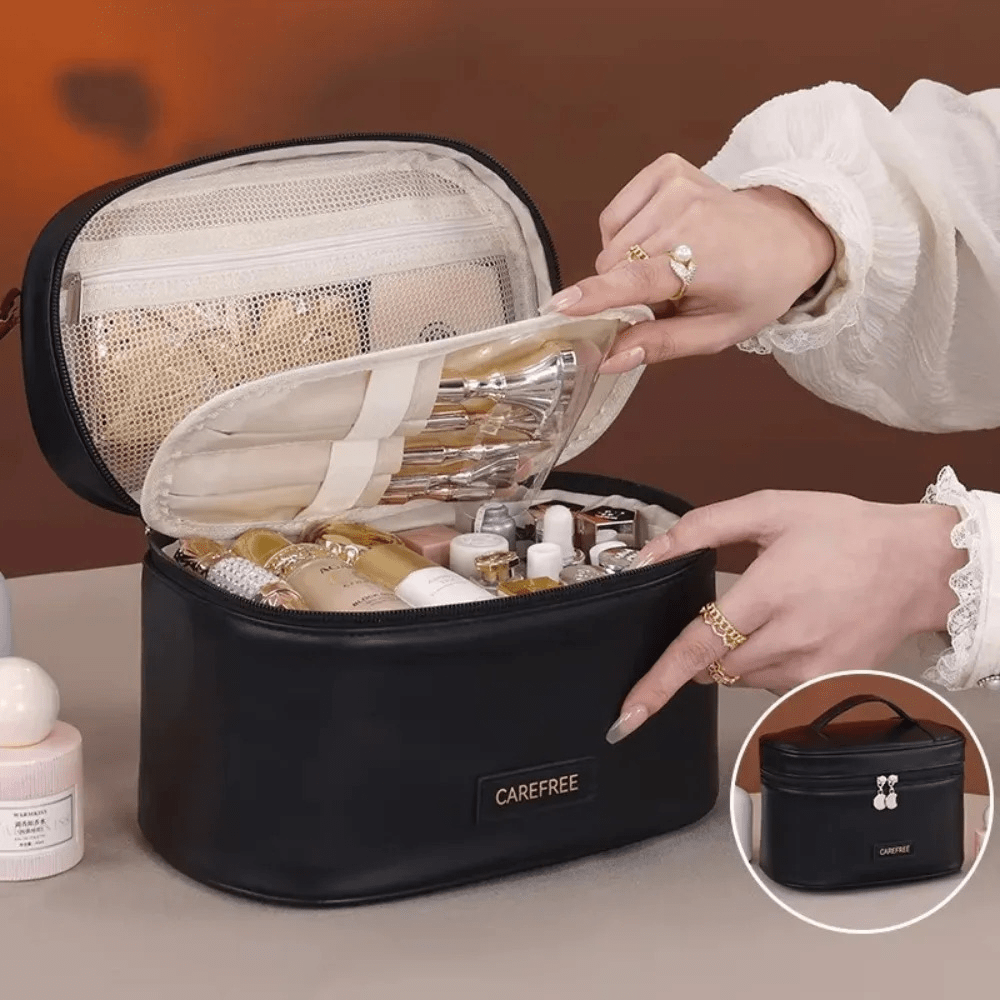 Trousse de toilette femme simili cuir noir avec pochette pour pinceaux maquillage