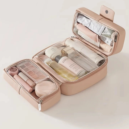 Trousse de toilette femme tendance rose similicuir avec compartiments