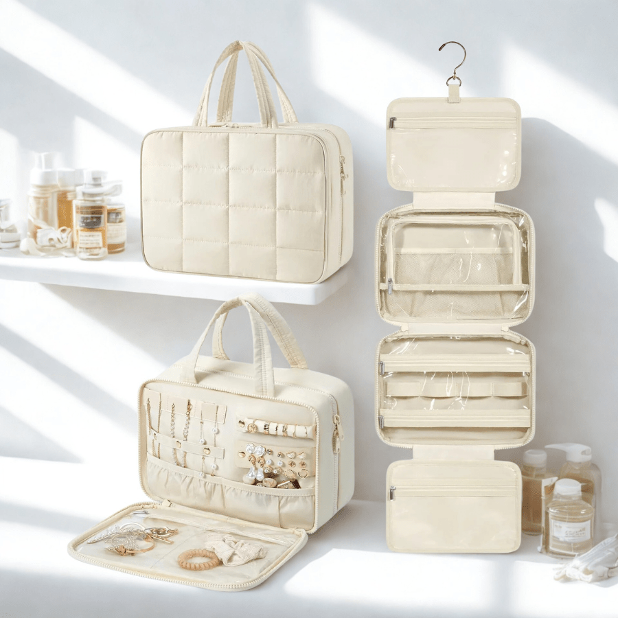 Trousse de toilette femme voyage Avec organisateur à bijoux beige avec compartiment transparent