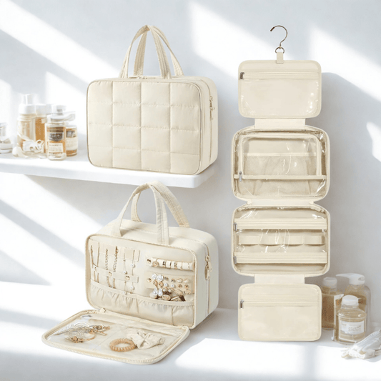 Trousse de toilette femme voyage Avec organisateur à bijoux beige avec compartiment transparent