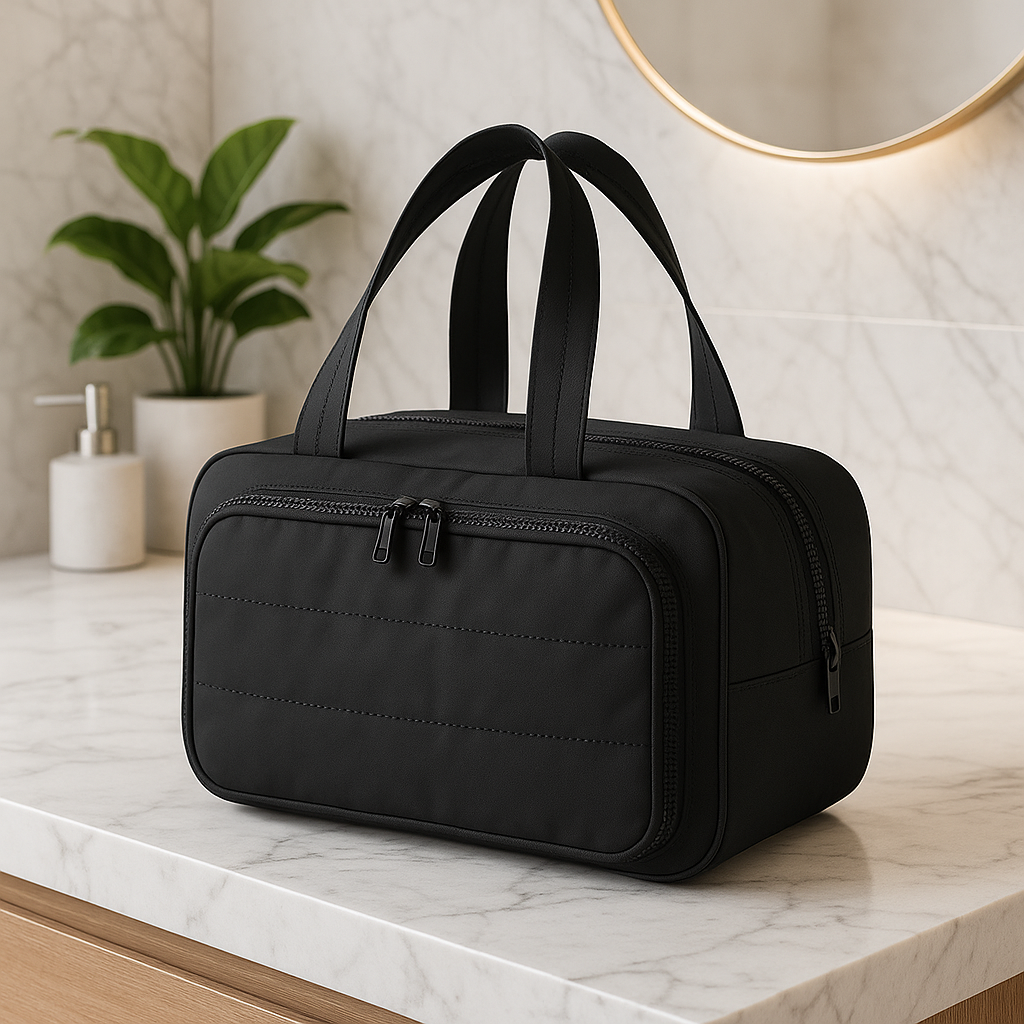 Trousse de toilette femme voyage noir sur comptoir de vanité