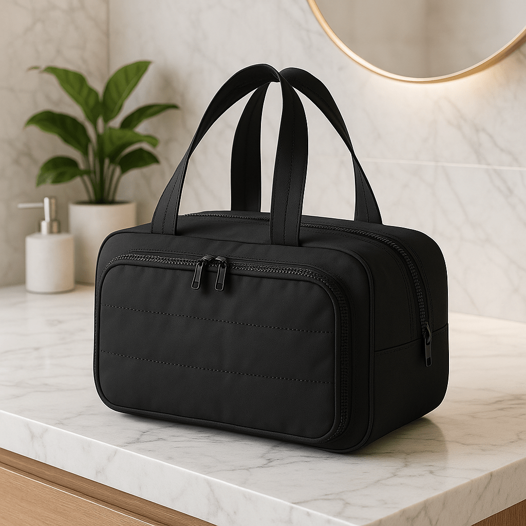 Trousse de toilette femme voyage noir sur comptoir de vanité