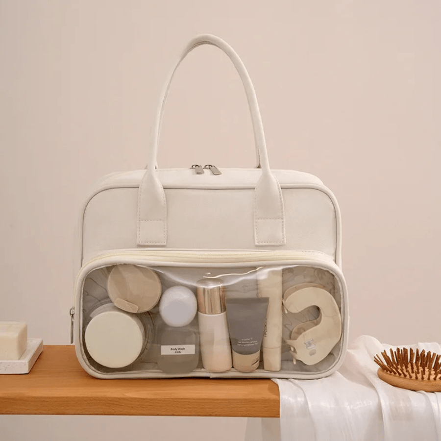 trousse de toilette grande beige avec ses produits