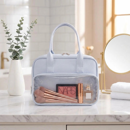 trousse de toilette grande bleu avec fenêtre transparente devant