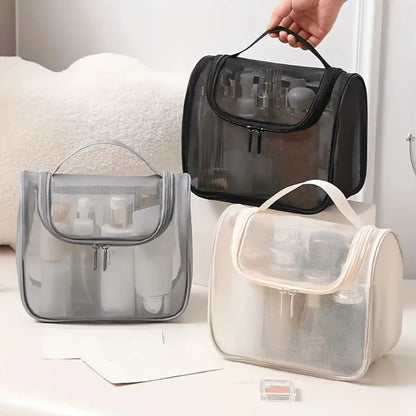 Trousse de toilette grande en maille transparente noir gris blanc