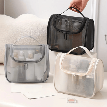 Trousse de toilette grande en maille transparente noir gris blanc