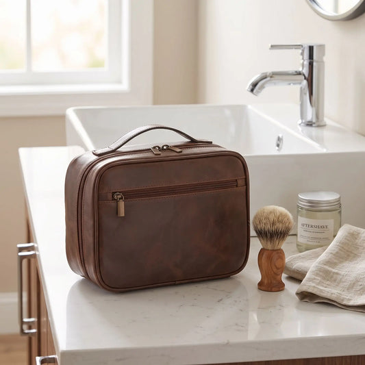trousse de toilette homme en cuir café