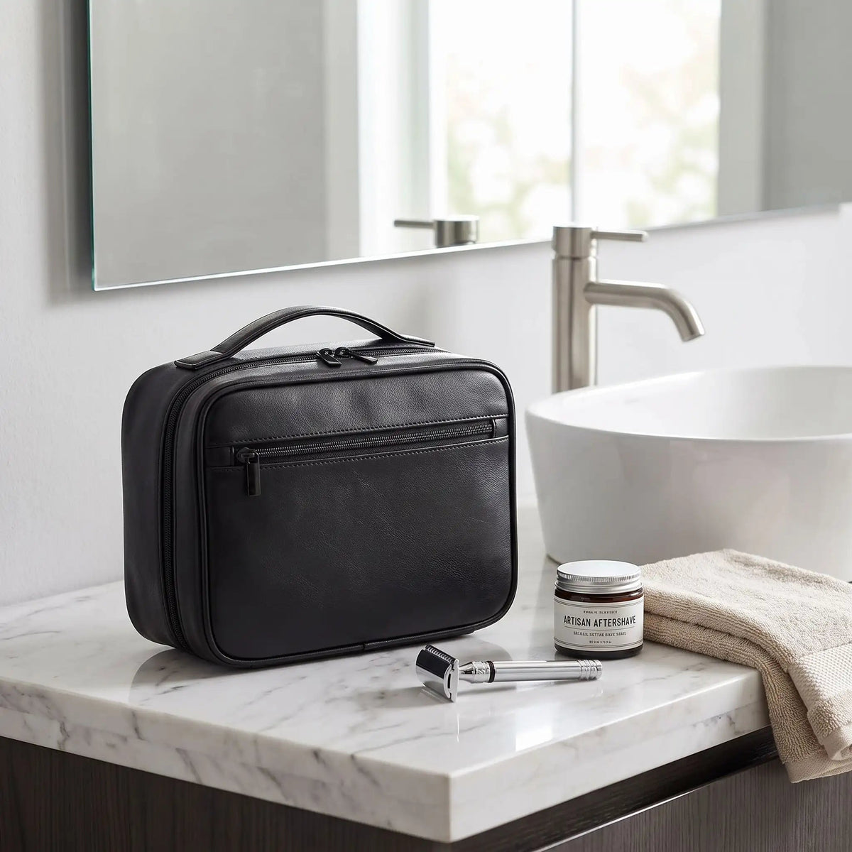 trousse de toilette homme en cuir noir